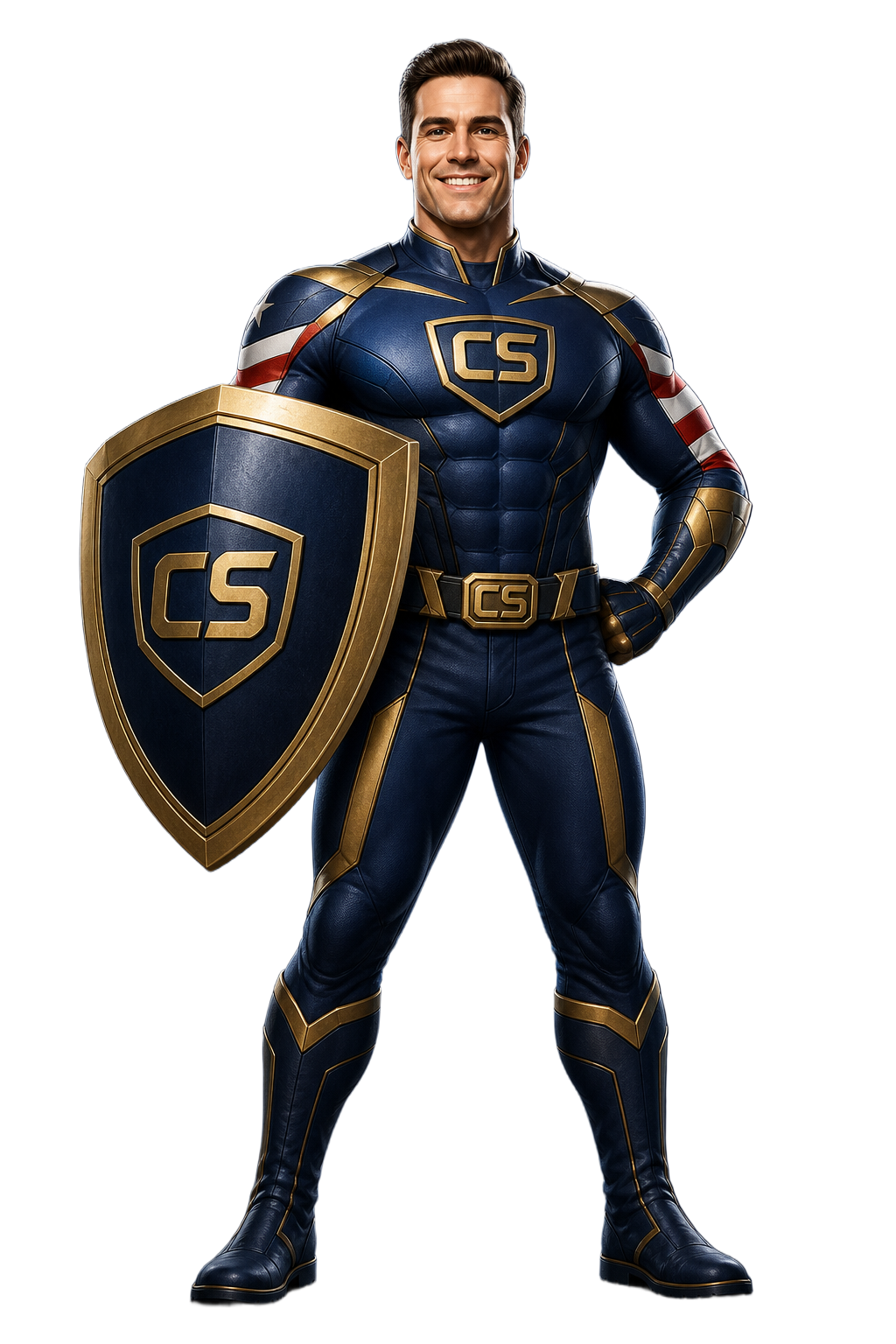Captain CoverShield mascot holding a CS shield